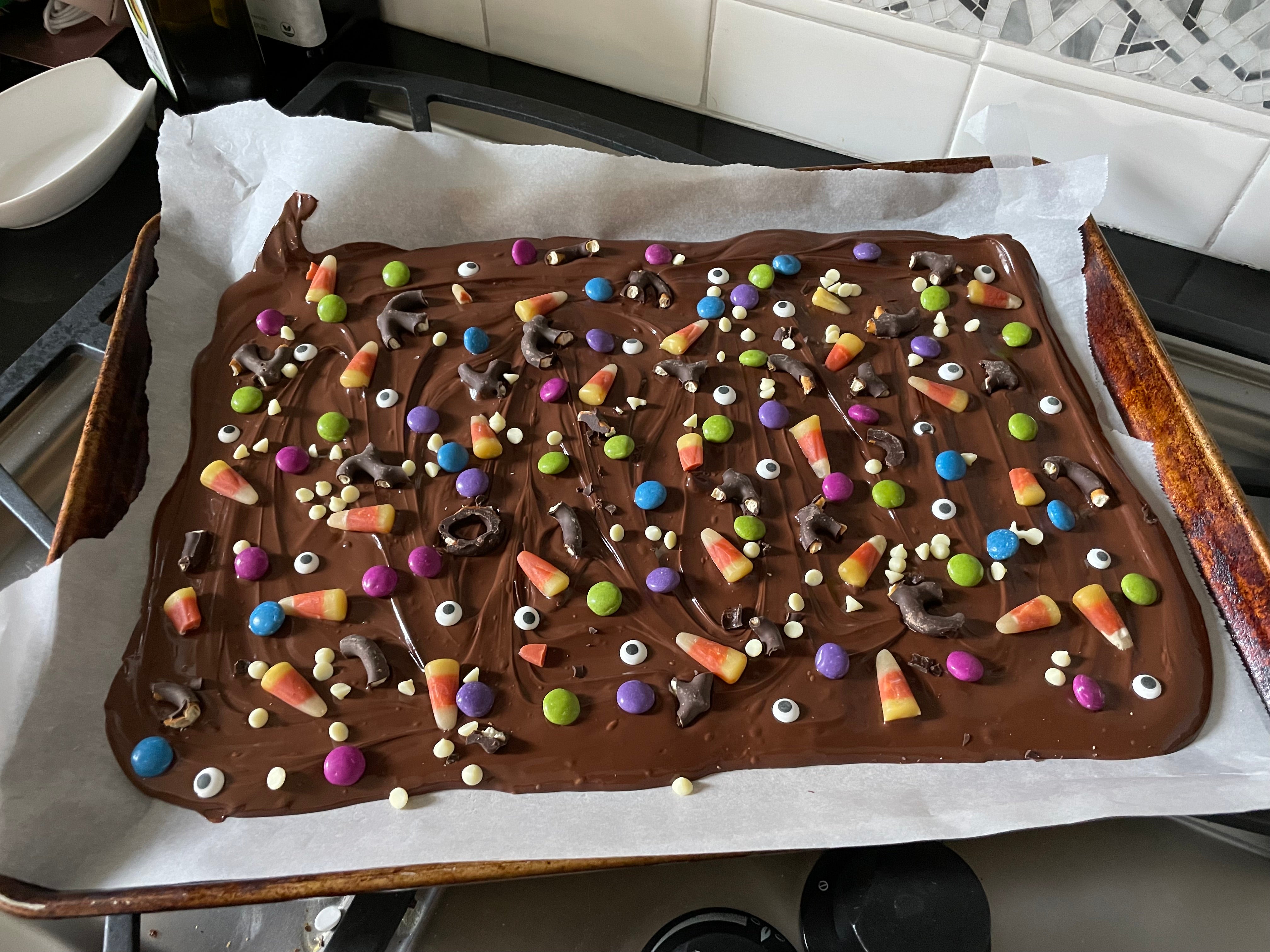 Halloween Chocolate Bark with M&Ms and Candy Eyes